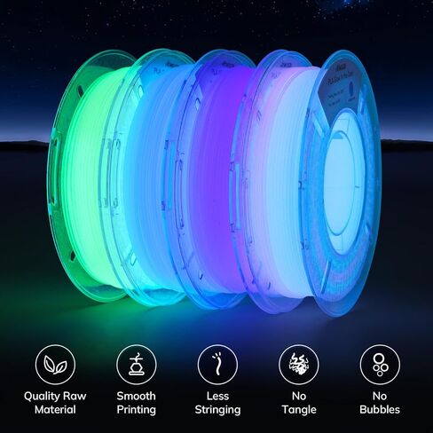 خيوط طابعة ثلاثية الأبعاد AMOLEN تتوهج في الظلام متعددة الألوان سريعة التغيير 1.75 مم، حزمة 5 أمتار باللون الأخضر والأزرق والأزرق الأرجواني، خيوط PLA 1.75 مم، خيوط طباعة لامعة ثلاثية الأبعاد 200 جرام × 4 عبوات in Kuwait