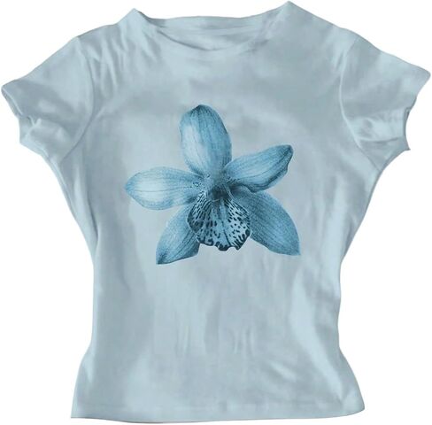 قمم محصول الرسوم البيانية للأزهار الرجعية للفتيات القصيرة الأكمام اللطيفة الصيفية T Shirt Y2K TOPS TENDY TRANDY in Saudi Arabia