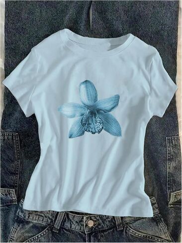 قمم محصول الرسوم البيانية للأزهار الرجعية للفتيات القصيرة الأكمام اللطيفة الصيفية T Shirt Y2K TOPS TENDY TRANDY in Saudi Arabia