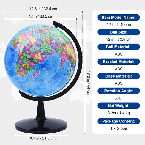 VAP World Globe لتعلم الأطفال، كرة أرضية تفاعلية مقاس 12 بوصة للأطفال مع حامل، كرات عالمية دوارة ذاتية التجميع للبالغين، غرفة الأطفال المزخرفة، مكتب الطلاب، الفصل الدراسي، مكتب البالغين in Saudi Arabia