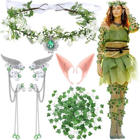 Tondiamo 6 Pcs Halloween Elf Cosplay Set Fairy Flower Crown Headpiece Elf Ears Crystal Earrings Cuffs Green Mesh Socks 2 Leaves Vines Medieval Renaissance Fairy Accessories for Woman in Saudi Arabia