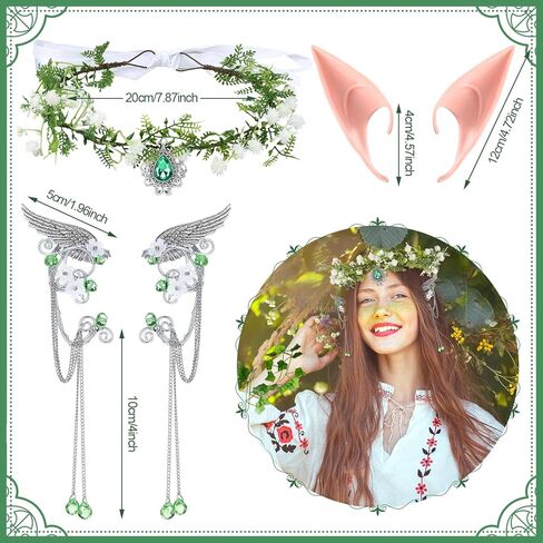 Tondiamo 6 Pcs Halloween Elf Cosplay Set Fairy Flower Crown Headpiece Elf Ears Crystal Earrings Cuffs Green Mesh Socks 2 Leaves Vines Medieval Renaissance Fairy Accessories for Woman in Saudi Arabia