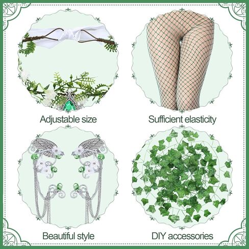 Tondiamo 6 Pcs Halloween Elf Cosplay Set Fairy Flower Crown Headpiece Elf Ears Crystal Earrings Cuffs Green Mesh Socks 2 Leaves Vines Medieval Renaissance Fairy Accessories for Woman in Saudi Arabia
