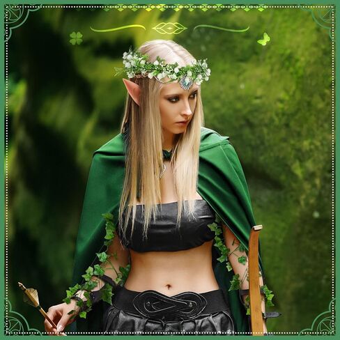 Tondiamo 6 Pcs Halloween Elf Cosplay Set Fairy Flower Crown Headpiece Elf Ears Crystal Earrings Cuffs Green Mesh Socks 2 Leaves Vines Medieval Renaissance Fairy Accessories for Woman in Saudi Arabia