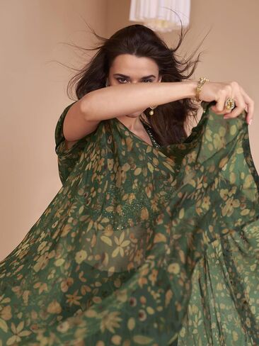 Women's Green Embroidery Print And Beads Satin Silk Shrug Set With Dhoti Pant Elegant Traditional Outfit in Saudi Arabia