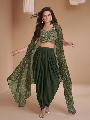 Women's Green Embroidery Print And Beads Satin Silk Shrug Set With Dhoti Pant Elegant Traditional Outfit in Saudi Arabia