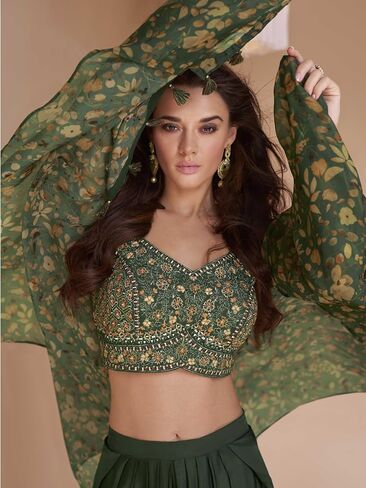 Women's Green Embroidery Print And Beads Satin Silk Shrug Set With Dhoti Pant Elegant Traditional Outfit in Saudi Arabia