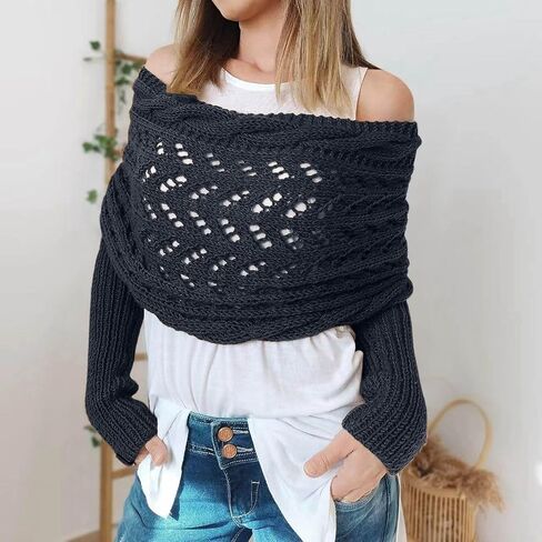 Scarf With Sleeves For Women Double Sleeve Scarf Knitted Cable Crochet Multifunctional Shawl Sweaters With Sleeves in Kuwait