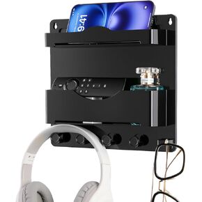 JUMEIHUI Bedside Wall Organizer with 4 Hooks,Adhesive Bedside Shelf Wall Mount,Plastic Phone Shelf,Dorm and Room Accessories,Wall Organizer for Phone,Glasses,Remote,Earphone,Kindle (White) in Kuwait