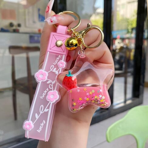 HSYHERE Girls Women Beautiful Floating Strawberry Milk Tea Cup Bubble Tea Keychain Pendant Key Ring Flower Strap, Feel Relax in Saudi Arabia