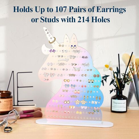 Nihome Iridescent Acrylic Unicorn Carring Holder مع 214 ثقوب لـ 80-107 زوجًا ، معرض مجوهرات يونيكورن المبتسمة للسيطرة على المراهقين والنساء ، منظم قرط المراهقات والمرض مع وسادات مضادة للانزلاق in Saudi Arabia