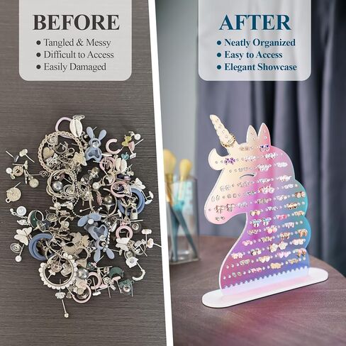 Nihome Iridescent Acrylic Unicorn Carring Holder مع 214 ثقوب لـ 80-107 زوجًا ، معرض مجوهرات يونيكورن المبتسمة للسيطرة على المراهقين والنساء ، منظم قرط المراهقات والمرض مع وسادات مضادة للانزلاق in Saudi Arabia