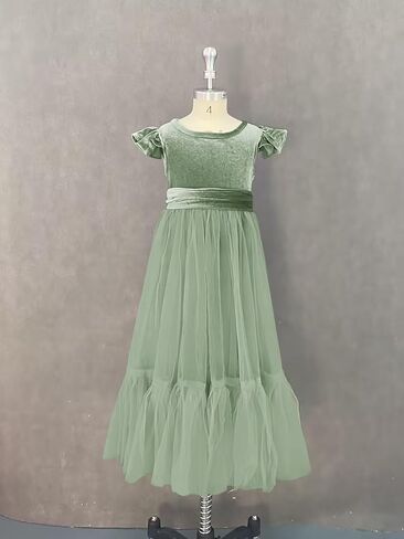 Velvet Tulle Flower Girl Dress for Wedding Kids Princess Pageant Dress Boho Bow-Knot Long Dress Prom Ball Gowns in Saudi Arabia