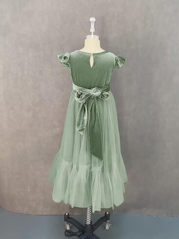 Velvet Tulle Flower Girl Dress for Wedding Kids Princess Pageant Dress Boho Bow-Knot Long Dress Prom Ball Gowns in Saudi Arabia