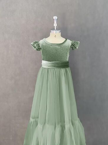 Velvet Tulle Flower Girl Dress for Wedding Kids Princess Pageant Dress Boho Bow-Knot Long Dress Prom Ball Gowns in Saudi Arabia