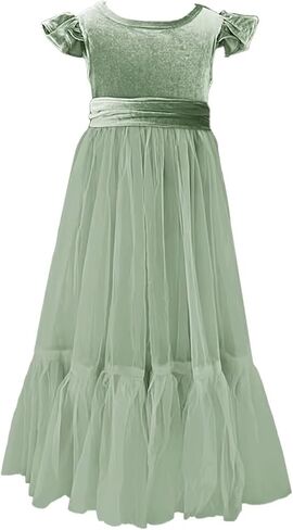Velvet Tulle Flower Girl Dress for Wedding Kids Princess Pageant Dress Boho Bow-Knot Long Dress Prom Ball Gowns in Saudi Arabia