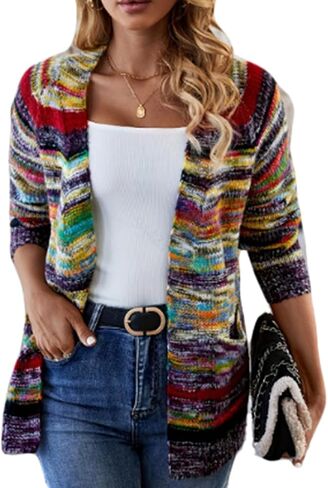 CORIRESHA Women's Open Front Colorful Striped Long Sleeve Pockets Loose Sweater Cardigan in Saudi Arabia
