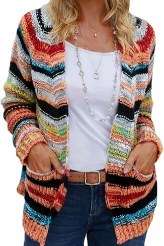 CORIRESHA Women's Open Front Colorful Striped Long Sleeve Pockets Loose Sweater Cardigan in Saudi Arabia