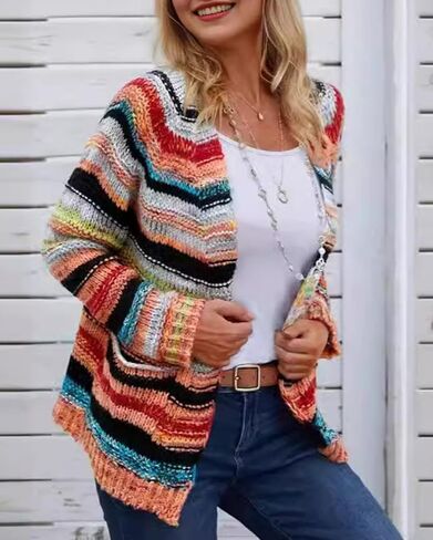 CORIRESHA Women's Open Front Colorful Striped Long Sleeve Pockets Loose Sweater Cardigan in Saudi Arabia