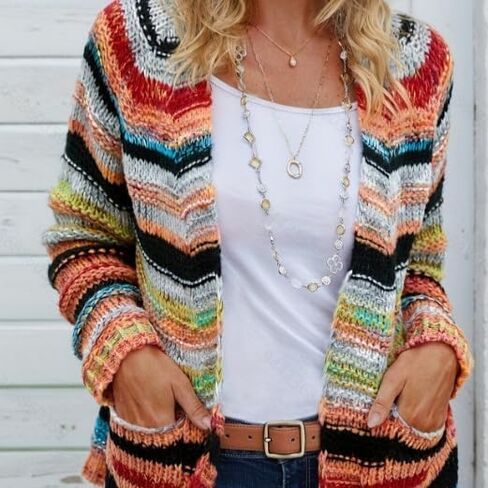 CORIRESHA Women's Open Front Colorful Striped Long Sleeve Pockets Loose Sweater Cardigan in Saudi Arabia