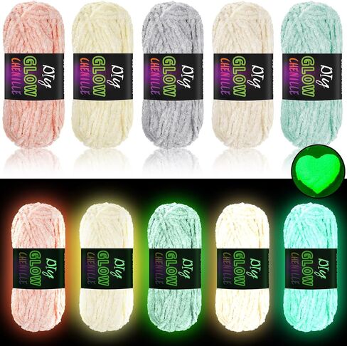 Fanfanwin 5 Rolls Glow in The Dark Chenille Yarn Luminous Crochet Yarn Glow Sewing Craft Yarn for DIY Arts Crafts Halloween Kntting Sewing Crocheting Supplies, 76.5 Yard Per Roll in Saudi Arabia