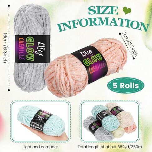 Fanfanwin 5 Rolls Glow in The Dark Chenille Yarn Luminous Crochet Yarn Glow Sewing Craft Yarn for DIY Arts Crafts Halloween Kntting Sewing Crocheting Supplies, 76.5 Yard Per Roll in Saudi Arabia