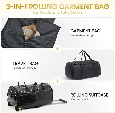 3-in-1 Rolling Garment Bags for Travel, Glitter Wheeled Carry-On Suit Luggage with Shoe Storage & Detachable Bag, Convertible Duffel Bag for Men Women Business Trips Weekender, Wrinkle-Free (Black) in Kuwait