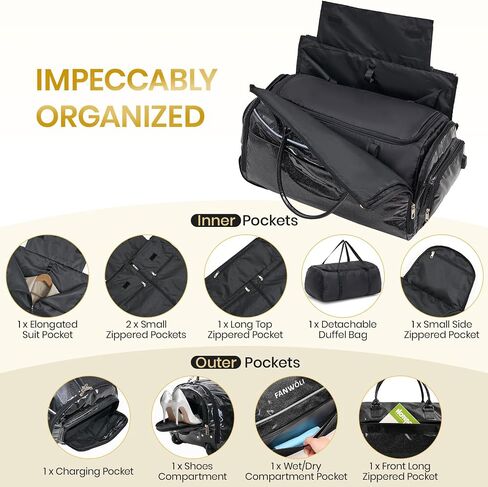 3-in-1 Rolling Garment Bags for Travel, Glitter Wheeled Carry-On Suit Luggage with Shoe Storage & Detachable Bag, Convertible Duffel Bag for Men Women Business Trips Weekender, Wrinkle-Free (Black) in Kuwait