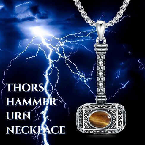 SIMONLY Thors Hammer Necklace 925 Sterling Silver Turquoise Obsidian Tigers Eye Mjolnir Necklace Urn Necklaces for Ashes Viking Cremation Jewelry for Men Women Unisex in Saudi Arabia