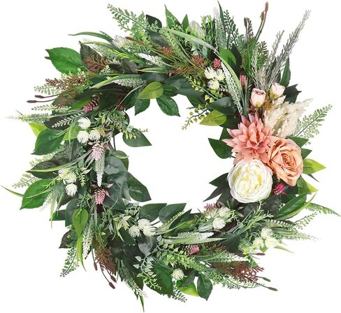 Kmise 27" Spring Wreath for Front Door, Summer Winter Peony Green Leaf Wreaths for Wall Room Window Decor in Saudi Arabia