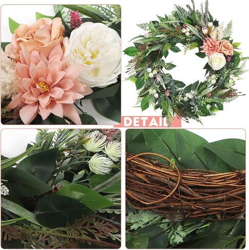 Kmise 27" Spring Wreath for Front Door, Summer Winter Peony Green Leaf Wreaths for Wall Room Window Decor in Saudi Arabia