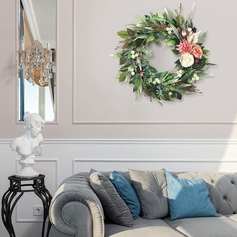 Kmise 27" Spring Wreath for Front Door, Summer Winter Peony Green Leaf Wreaths for Wall Room Window Decor in Saudi Arabia