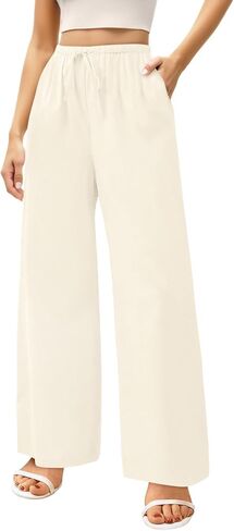 Womens Linen Pants Summer Wide Leg with Pockets Cotton Linen Palazzo Pants High Waist Drawstring Casual Lounge Pant in Saudi Arabia