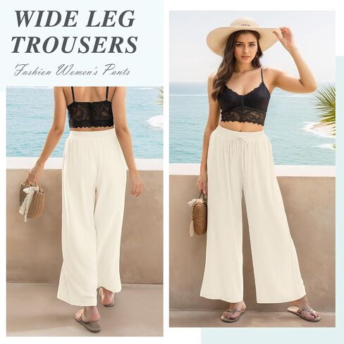 Womens Linen Pants Summer Wide Leg with Pockets Cotton Linen Palazzo Pants High Waist Drawstring Casual Lounge Pant in Saudi Arabia