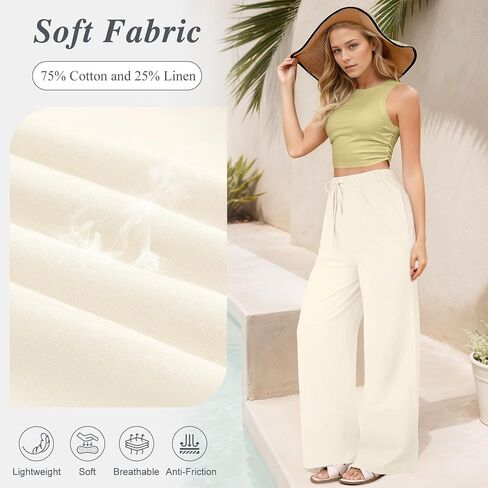 Womens Linen Pants Summer Wide Leg with Pockets Cotton Linen Palazzo Pants High Waist Drawstring Casual Lounge Pant in Saudi Arabia