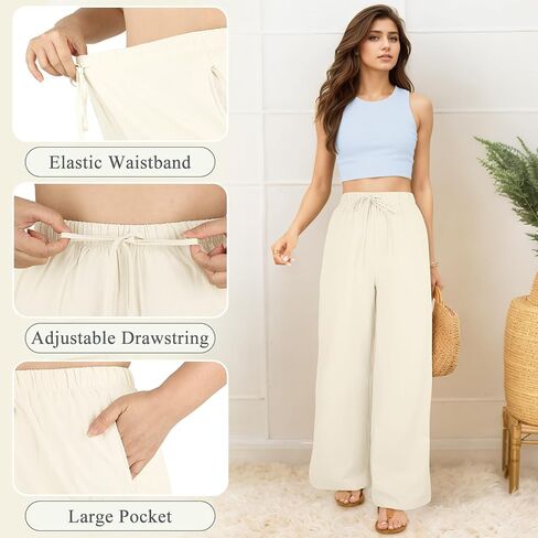 Womens Linen Pants Summer Wide Leg with Pockets Cotton Linen Palazzo Pants High Waist Drawstring Casual Lounge Pant in Saudi Arabia