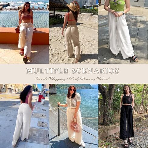 Womens Linen Pants Summer Wide Leg with Pockets Cotton Linen Palazzo Pants High Waist Drawstring Casual Lounge Pant in Saudi Arabia