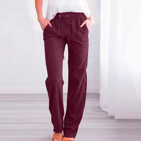 Women's Casual Cotton Linen Pants Fashion Drawstring Lightweight Summer Relax Fit Straight Leg Lounge Trouser in Saudi Arabia