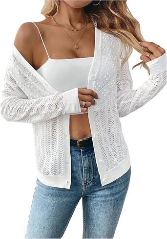 Soly Hux Women's Hollow Out خفيفة الوزن زر Cardigan الزر الطويل لأسفل V أعلى سترة الرقبة in Saudi Arabia