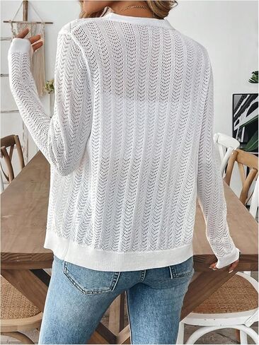 Soly Hux Women's Hollow Out خفيفة الوزن زر Cardigan الزر الطويل لأسفل V أعلى سترة الرقبة in Saudi Arabia
