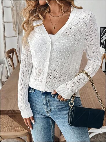 Soly Hux Women's Hollow Out خفيفة الوزن زر Cardigan الزر الطويل لأسفل V أعلى سترة الرقبة in Saudi Arabia