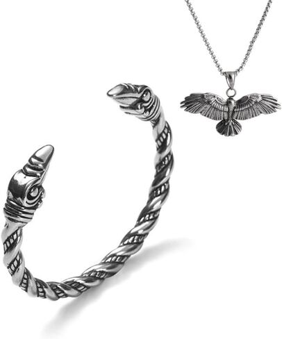YWMAN 2Pcs Nordic Viking Raven Cuff Bracelet Necklace Set, Stainless Steel Viking Jewelry Amulet Protection Gifts for Men Women in Saudi Arabia