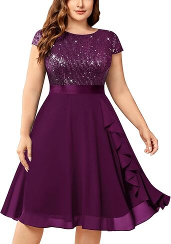 Knitee Women's Plus Size Elegant Sequin Chiffon Ruffle Hemline Glitter Cocktail Prom Flowy Dress in Kuwait