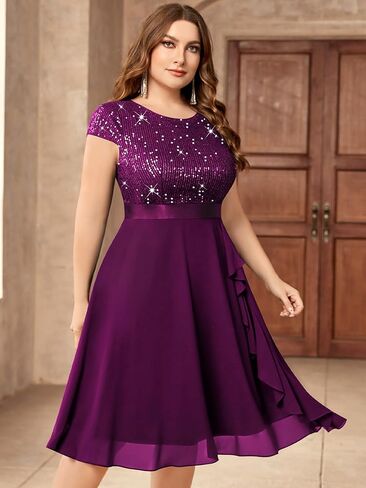 Knitee Women's Plus Size Elegant Sequin Chiffon Ruffle Hemline Glitter Cocktail Prom Flowy Dress in Kuwait