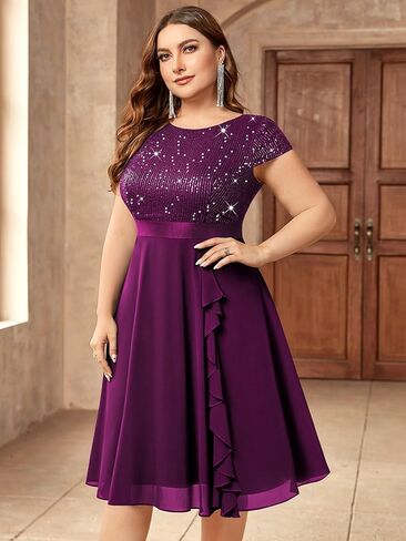 Knitee Women's Plus Size Elegant Sequin Chiffon Ruffle Hemline Glitter Cocktail Prom Flowy Dress in Kuwait