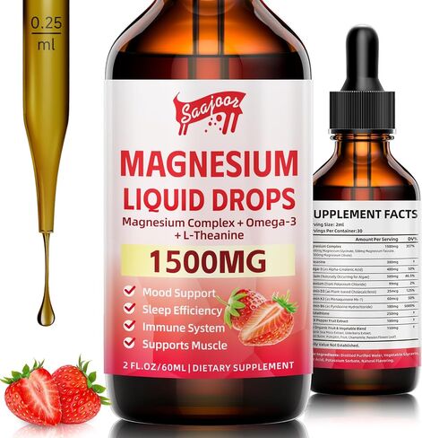 Magnesium Glycinate Liquid Drops, 1500mg Magnesium Liquid Supplement with Vitamin B6, D3, L - Theanine, Omega3,Support Night, Muscle, Bone, Mood, Strawberry Flavor - 2 Fl Oz (60ml) Bottle in Kuwait