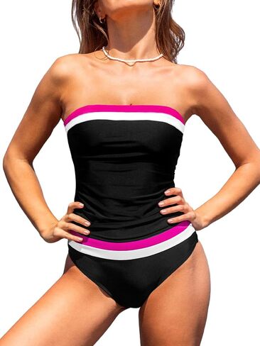CUPSHE Women's Tankini Sets Two Piece Swimsuit Square Neck Bandeau Bathing Suit Spaghetti Adjustable Removable Straps in Saudi Arabia