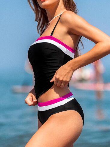 CUPSHE Women's Tankini Sets Two Piece Swimsuit Square Neck Bandeau Bathing Suit Spaghetti Adjustable Removable Straps in Saudi Arabia