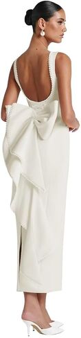 Satin Wedding Guest Dresses Midi Pearl Prom Cocktail Gown with Bow Wedding Bodycon Formal Dress HRJ64 in Saudi Arabia