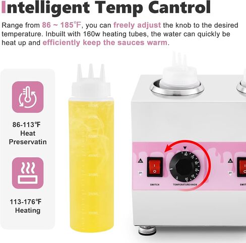 Electric Cheese Sauce Warmer Hot Fudge Warmer Dispenser Nacho Cheese Dispenser Warmer Jam Heat Preservation Machine with 22OZ Bottles, 86~185℉ 110V in Saudi Arabia
